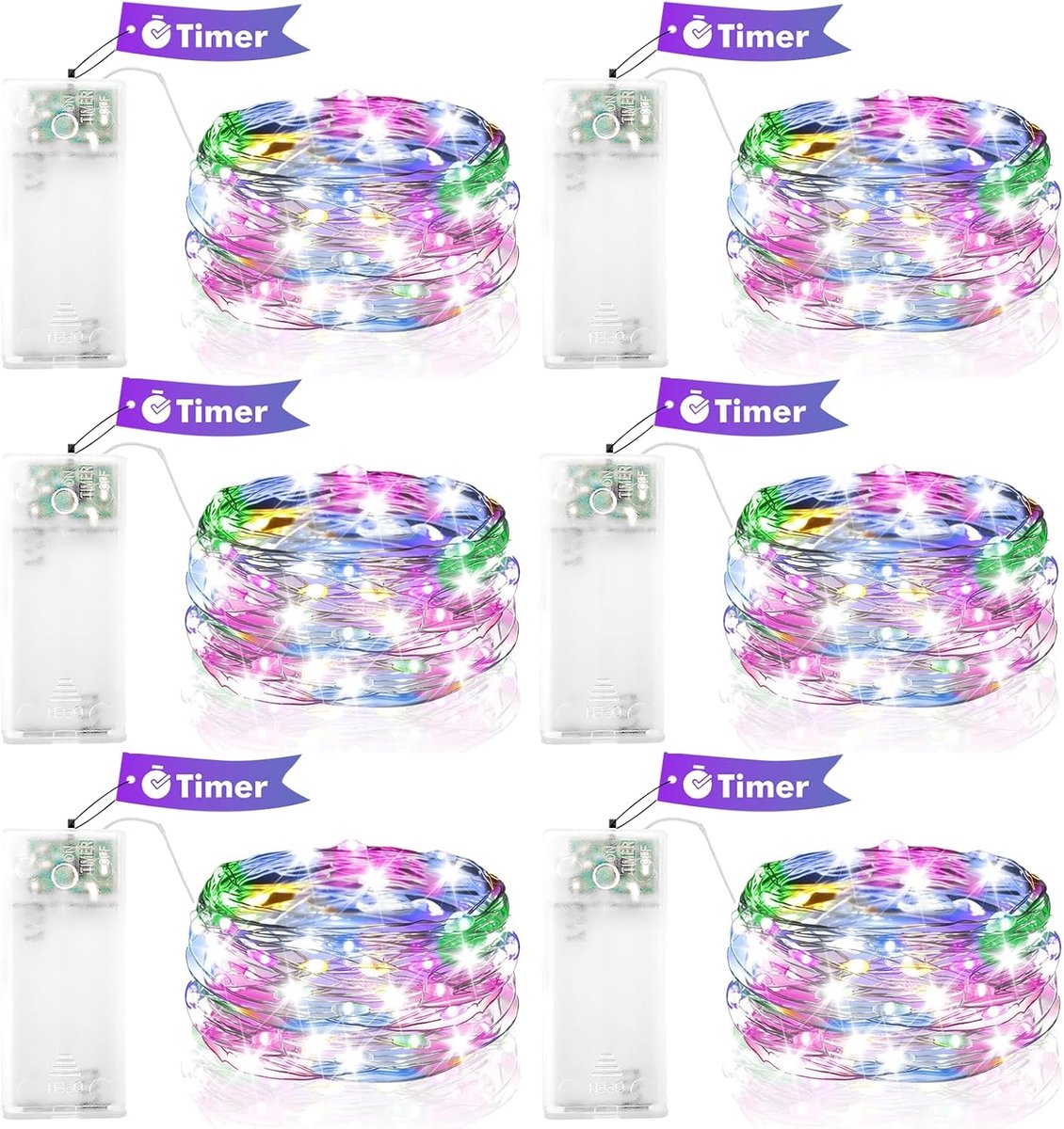 SnelShoppen - LED Fairy Lights Set van 6 - 20 Multicolour Lampjes per Ketting - 2 Meter Lengte - Batterij Aangedreven met Timer Functie - Perfect voor