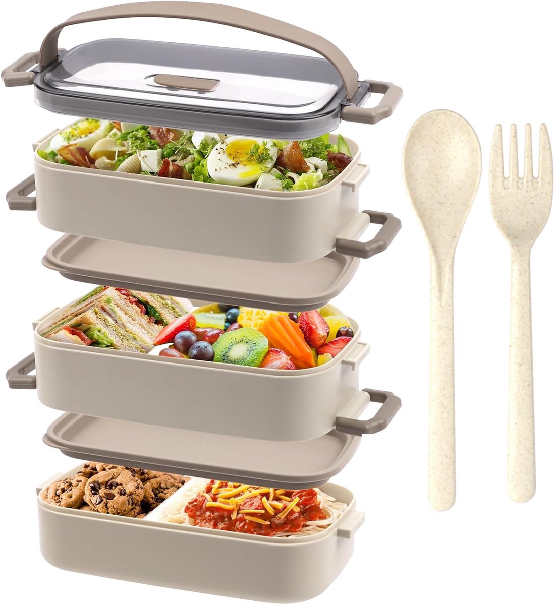 SnelShoppen - Lunch Box 3 Lagen 2200 ml, Bento Box voor Volwassenen en Kinderen, Inclusief Bestek, 3 Verstelbare Compartimenten, BPA-Vrij, Magnetronbe