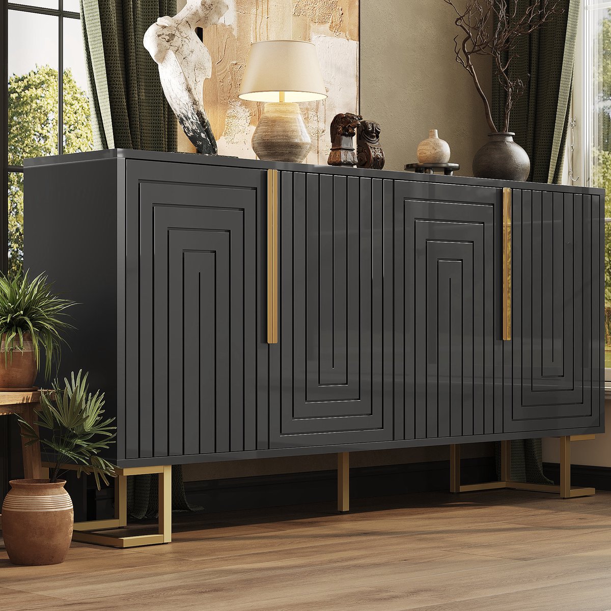 Wishdor - Dressoir - Geometrisch 2-deurs opbergkast met 4 vakken - modern design - voor eetkamer of woonkamer - houtlook en metaal - zwart - 152 x 40 x 75 cm