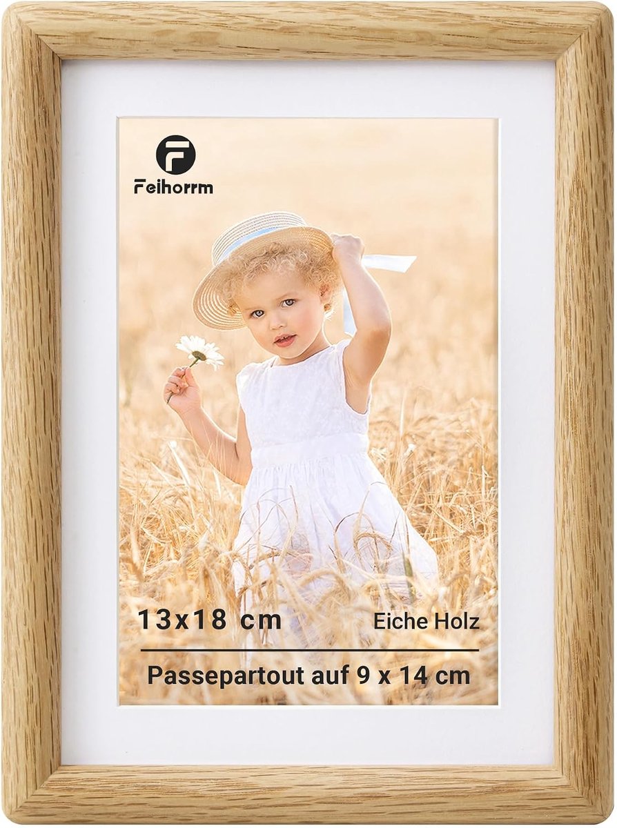 SnelShoppen - Handgemaakte Fotolijst 13x18 cm van Massief Eikenhout met Veilig Glas, Voor Muur en Tafel, Inclusief Passe-partout voor 9x14 cm Foto's,