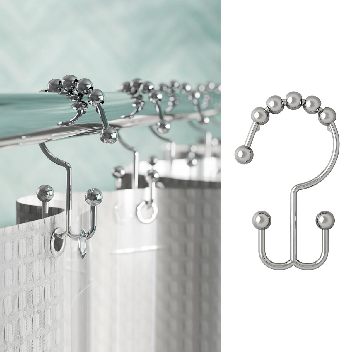 SnelShoppen - Set van 12 Roestbestendige Shower Curtain Hooks - Decoratieve Dubbele Rol Glide Douchegordijnringen voor Badkamer - Chromen Douchehaakje