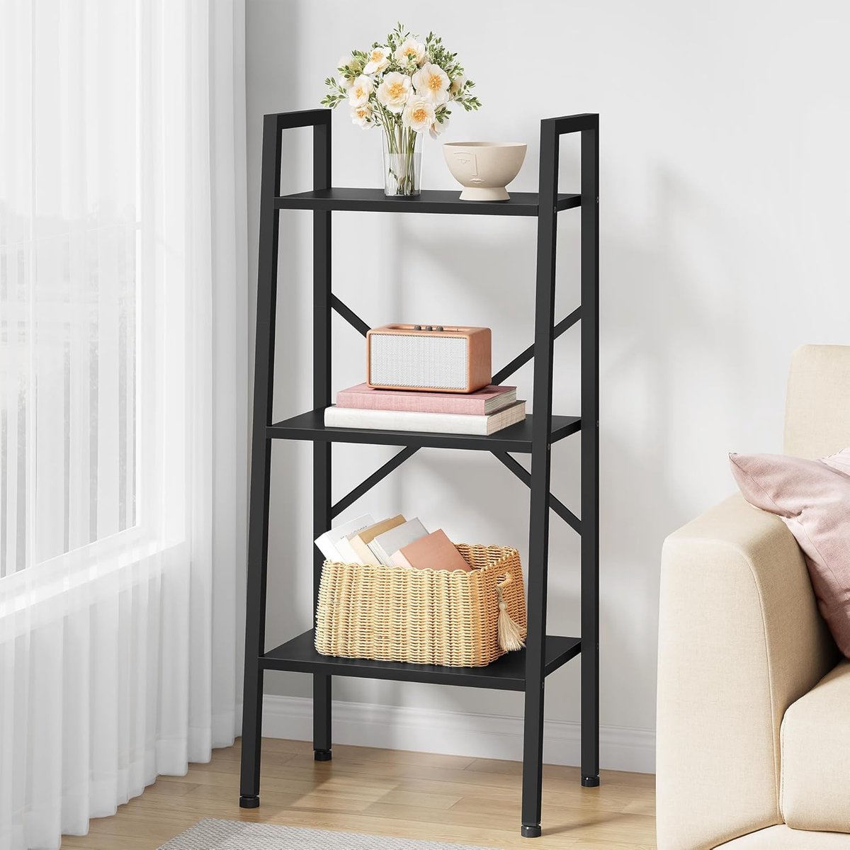 SnelShoppen - 3-Tier Ladder Bookshelf, Slim Open Ladder Rack, Vintage Industrieel Design, Houten Planken, Zwart Metaal, Voor Woonkamer, Thuiswerkplek,