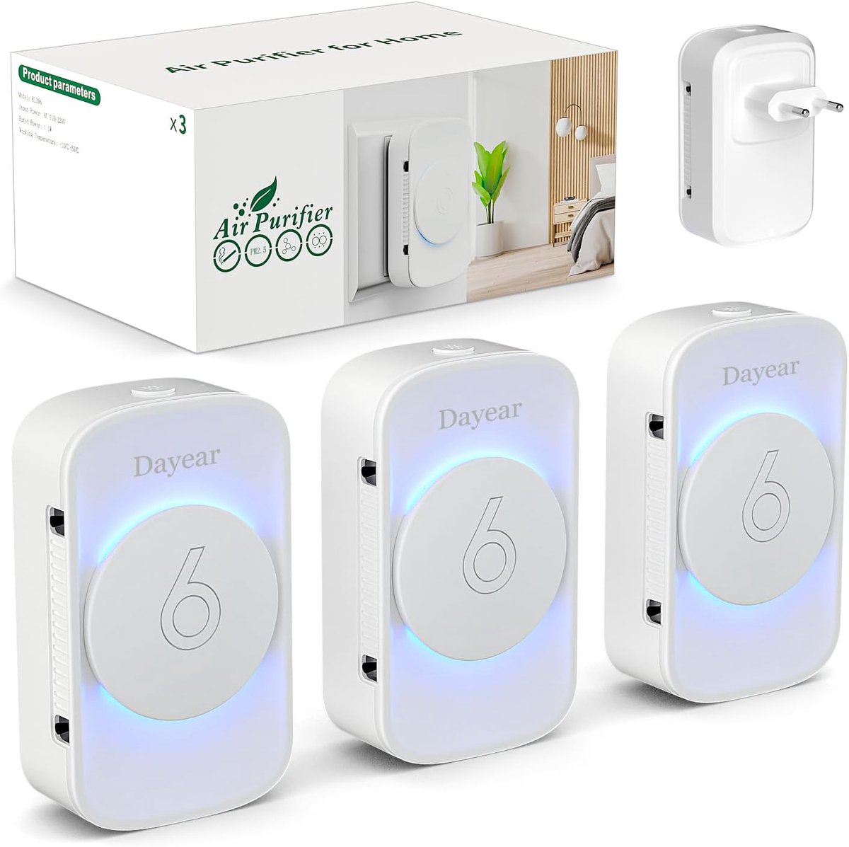 SnelShoppen - Ionisator Luchtreiniger, Filterloos, Ultrastil, 3 Stuks, Negatieve Ionen, LED-Lichtmodi, Voor Woning, Kantoor, Huisdieren, Rook, ABS 94V