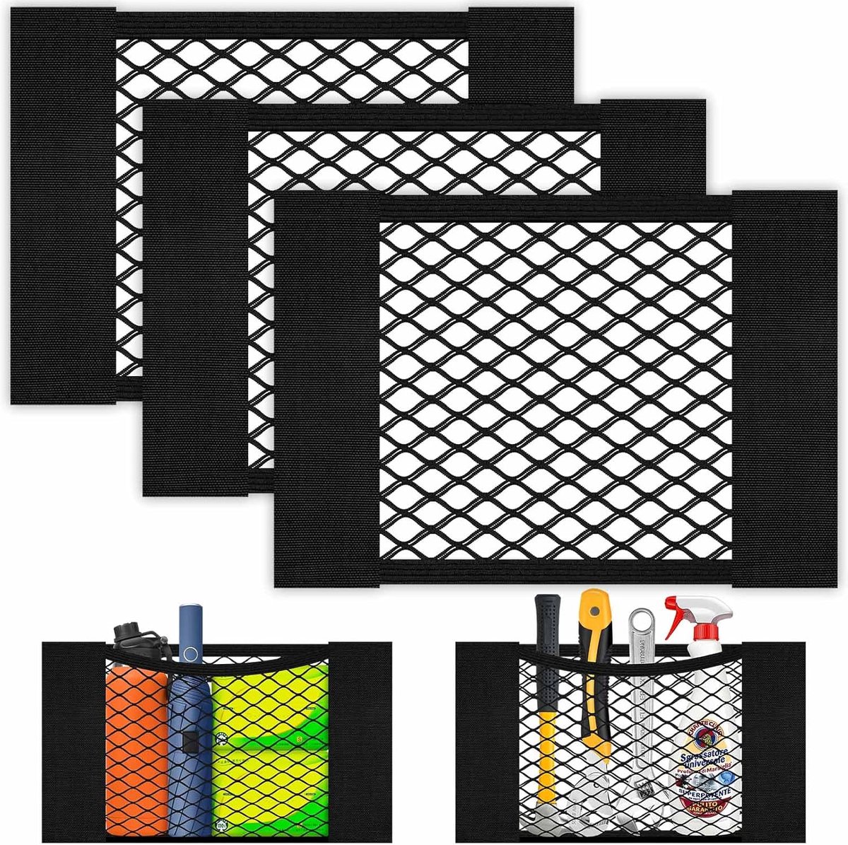 SnelShoppen - 3x Auto Kofferbak Opbergnet, Zelfklevend Elastisch Mesh Net voor Van, Caravan, Camping, Auto Organizer, 30x25cm, Zwart