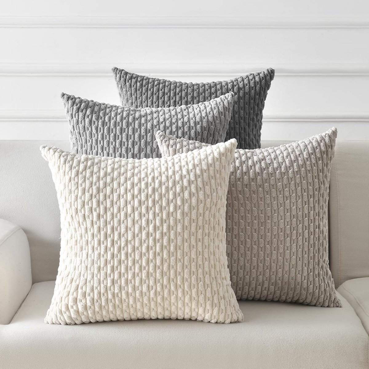 SnelShoppen - Set van 4 Boho Kussenslopen 45x45 cm Grijs Corduroy Kleurverloop Zachte Sierkussenhoes voor Woonkamer en Slaapkamer Decoratie