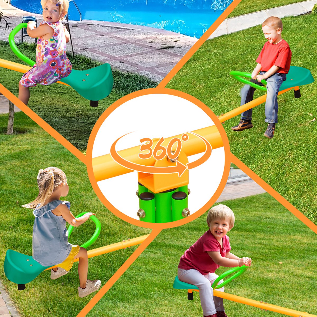 OKWISH Balansspeelgoed – 180,34 cm 2-Persoons Wipwap – Ijzer en Kunststof – Groen en Geel – Antislip voor Tuin en Speelplaats – 360 Graden Draaibaar