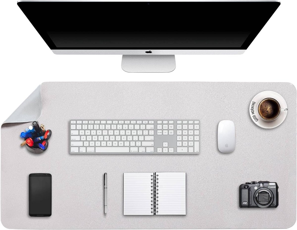 SnelShoppen - Desk Pad Large - Extended Mouse Mat XXL 90x43cm - Dual-Side PU Leather - Waterdicht Lichtgrijs/Silver - Perfect voor Bureau, Laptop en S