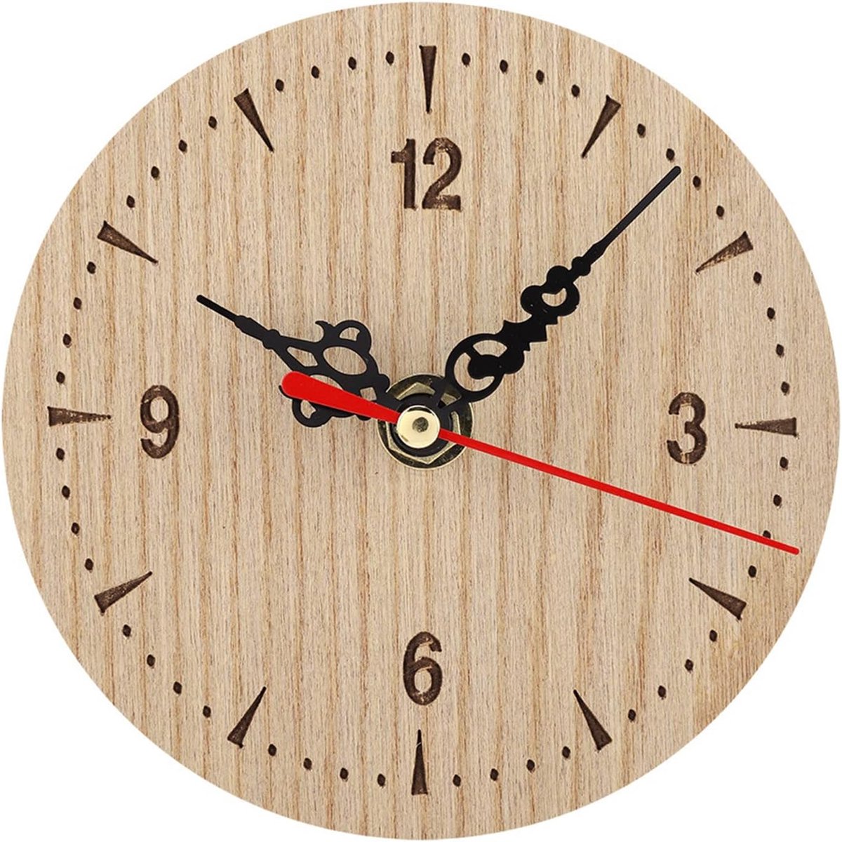 SnelShoppen - Vintage Houten Tafelklok - Stille Wandklok - Decoratieve Analoge Klok voor Woonkamer, Slaapkamer, Kantoor - Compacte 12cm Klok voor Thui
