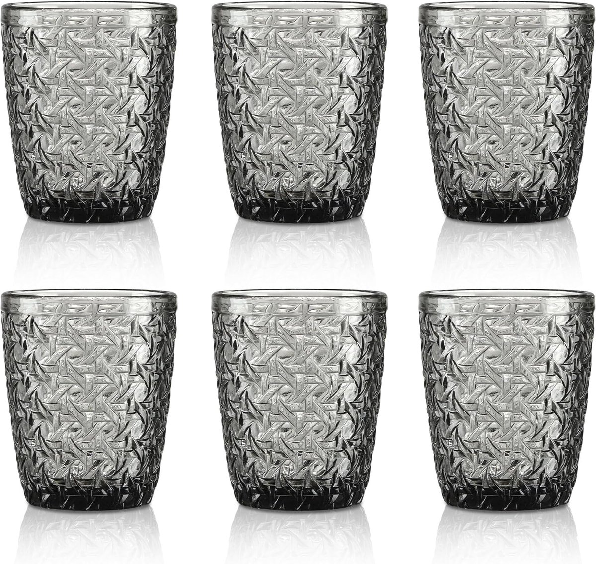 SnelShoppen - Set van 6 moderne grijze waterglazen 300 ml met geprint design, retro juice glazen, vaatwasmachinebestendige drinkbekers voor feesten en