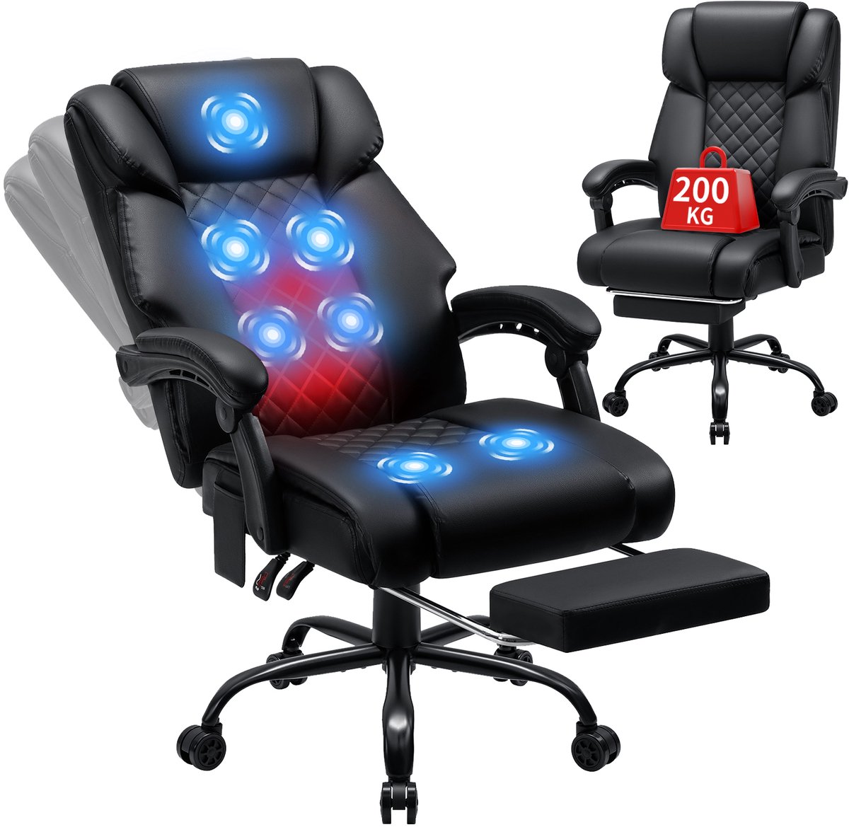 HOFFFREE Ergonomische Massage Bureaustoel – Kantoorstoel met Verwarming, 7 Massagepunten, Uitschuifbare Voetsteun, Verstelbare Rugleuning 90°–135° en Draagkracht tot 200 kg