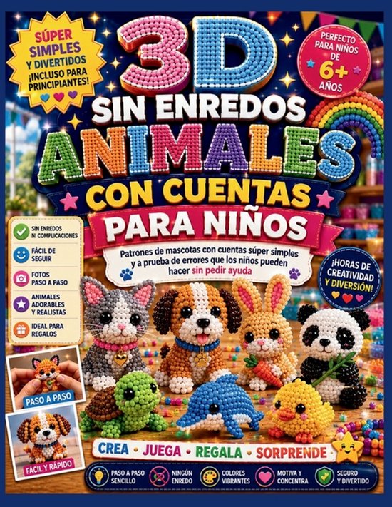 Boek met 3D-patronen van kralen van dieren, eenvoudig en leuk voor beginners. Bevat kat, hond, konijn, panda, dolfijn en kuiken.