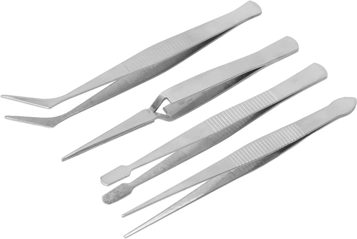 Naaimachine Pincetten - Elektronica Pincet - Nauwkeurig Repareren - Gekartelde Gebogen Punt - 4 stuks - Zilver