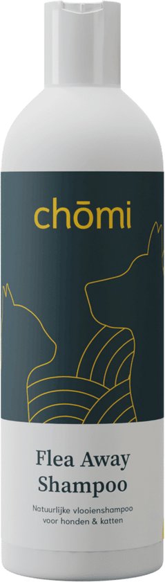 Witte fles Chōmi Flea Away Shampoo met donkerblauw label en gele lijntekeningen van een hond en kat. "Flea Away Shampoo. Natuurlijke vlooienhampoo voor honden & katten."