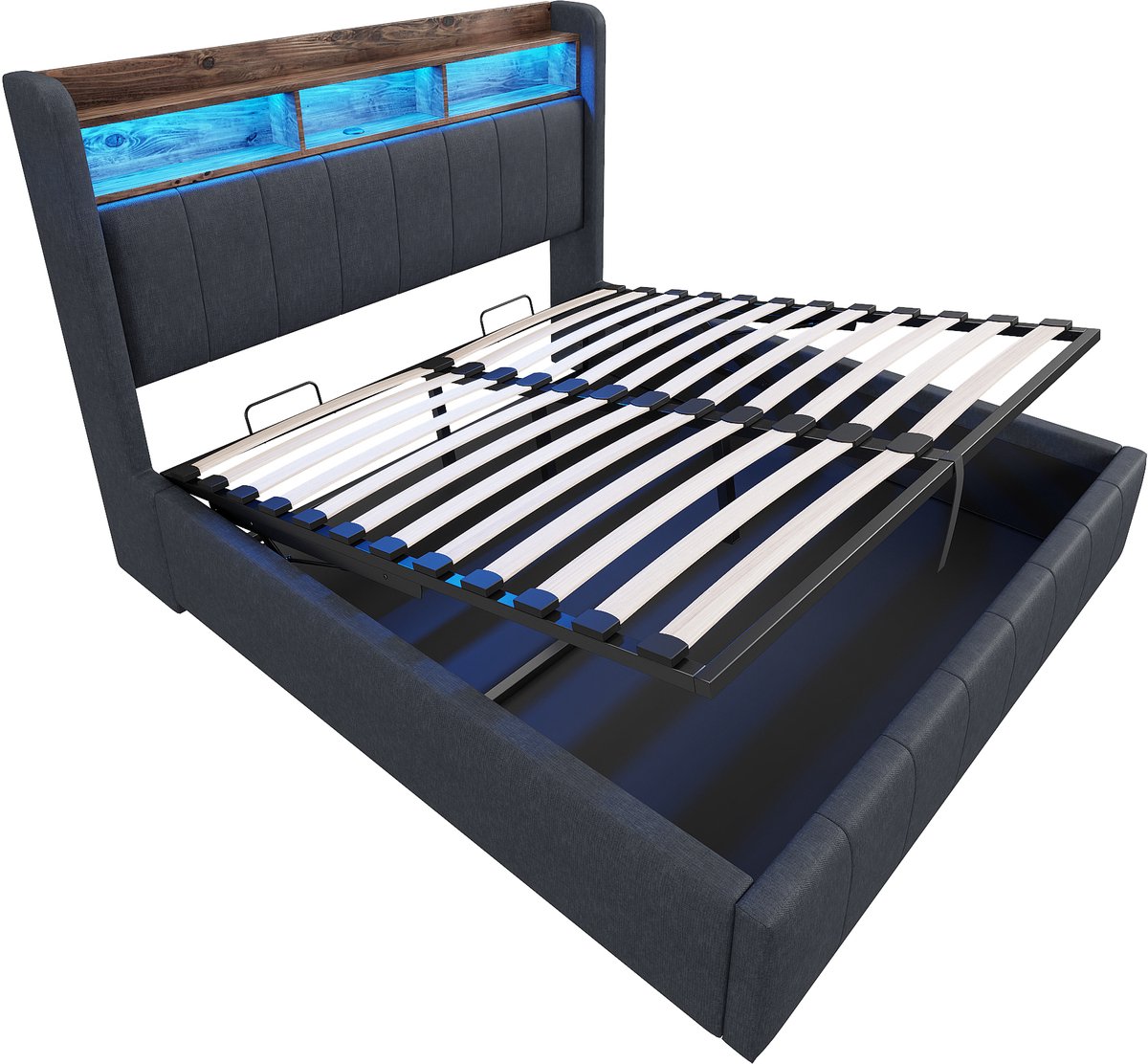 COVREO Gestoffeerd bed met LED en USB – 140x200 cm – Bedframe met opbergruimte – Tweepersoonsbed met hoofdbord – Grijs - zonder matras