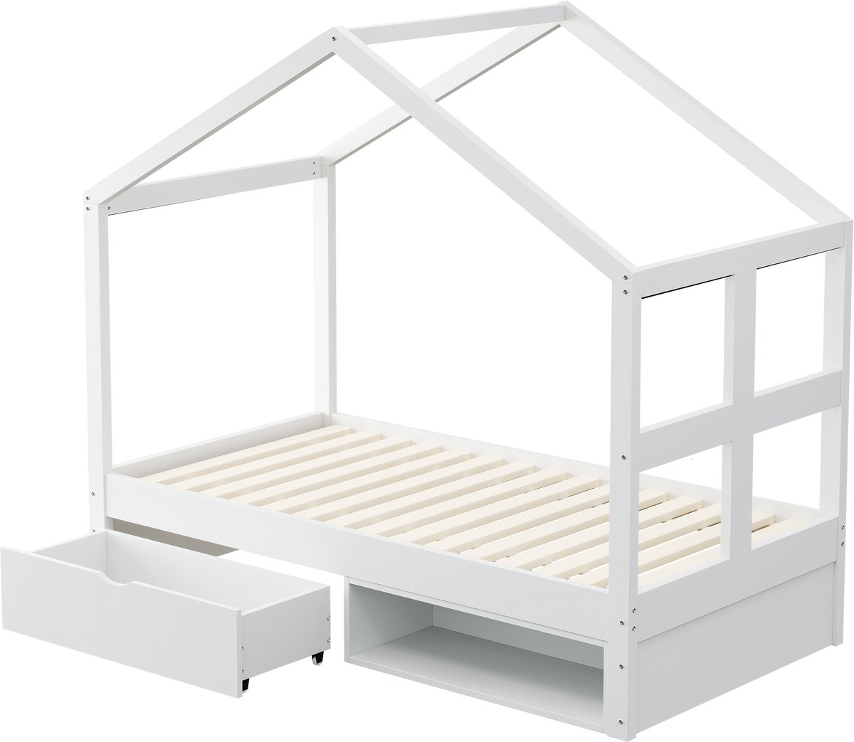 COVREO Bed 90x190 cm wit, van hout met lade en LED-verlichting