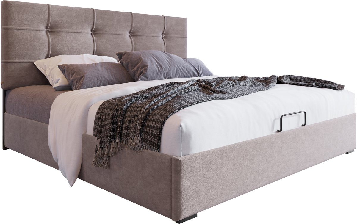 Hydraulisch tweepersoons gestoffeerd bed van 140x200 cm met verstelbaar hoofdeinde, metalen frame, lattenbodem, fluwelen bekleding, moderne stijl en opbergruimte, lichtgrijze kleur.