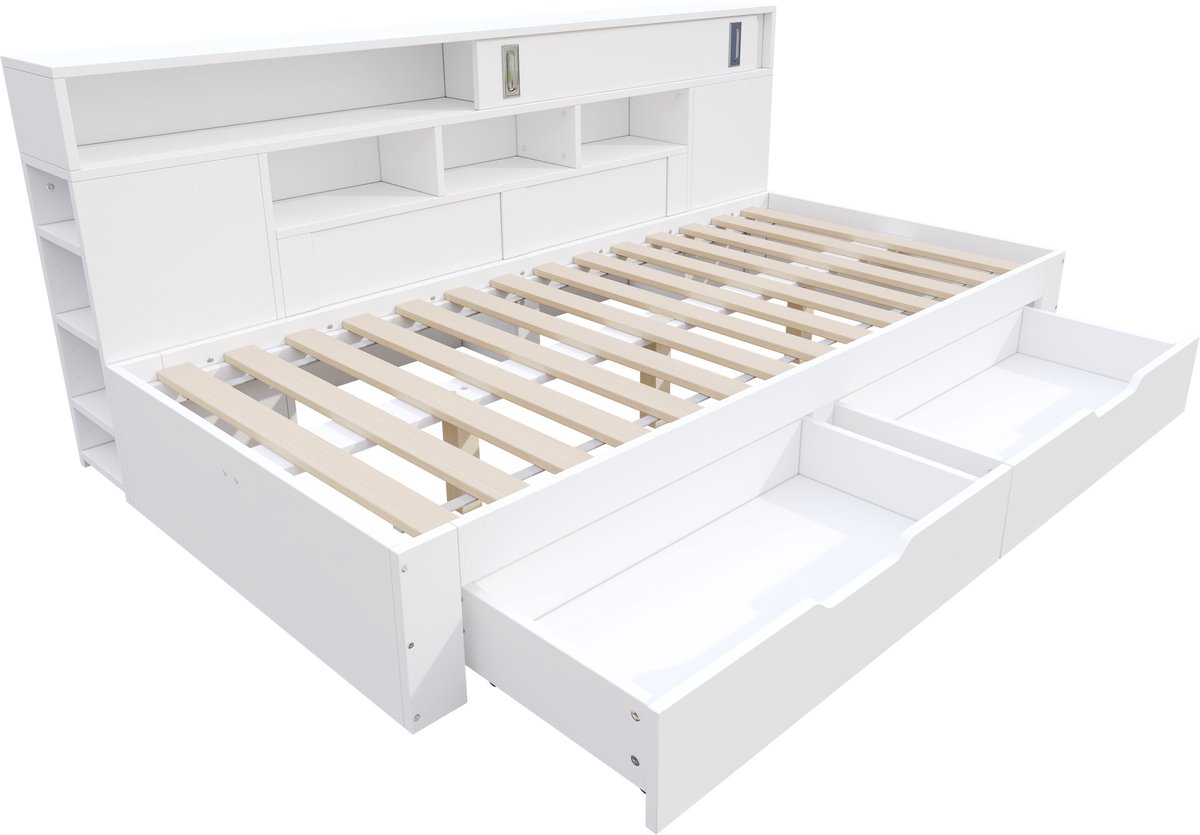 COVREO Bedbank 90x190 cm wit MDF, met lades en opbergkast voor kinderen