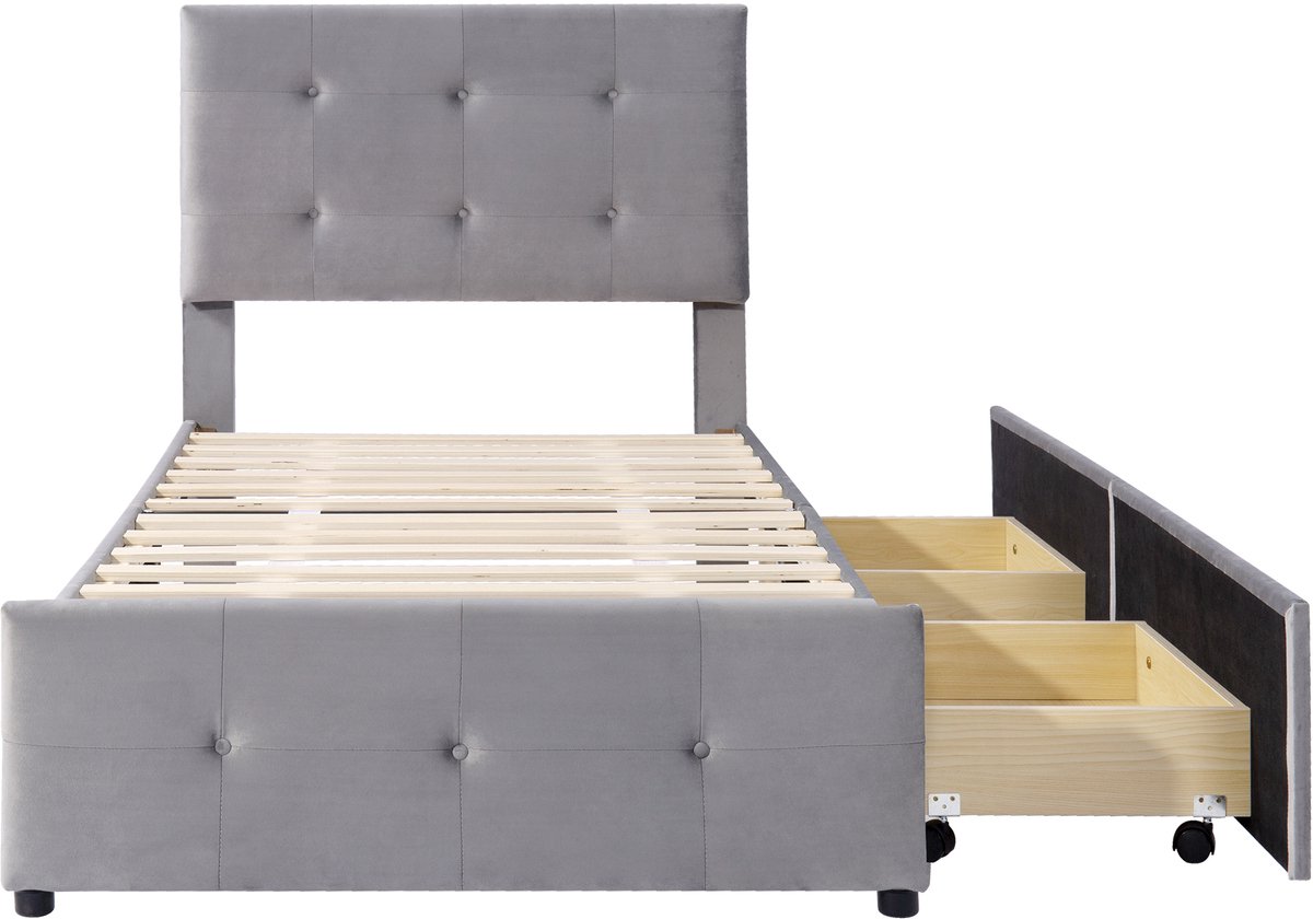COVREO Bedframe 90x200 cm grijs met lattenbodem en 2 laden zonder matras