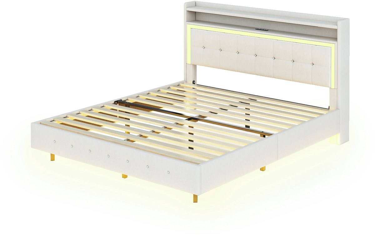 COVREO Bed 140x200 cm beige met USB en LED opbergruimte zonder matras