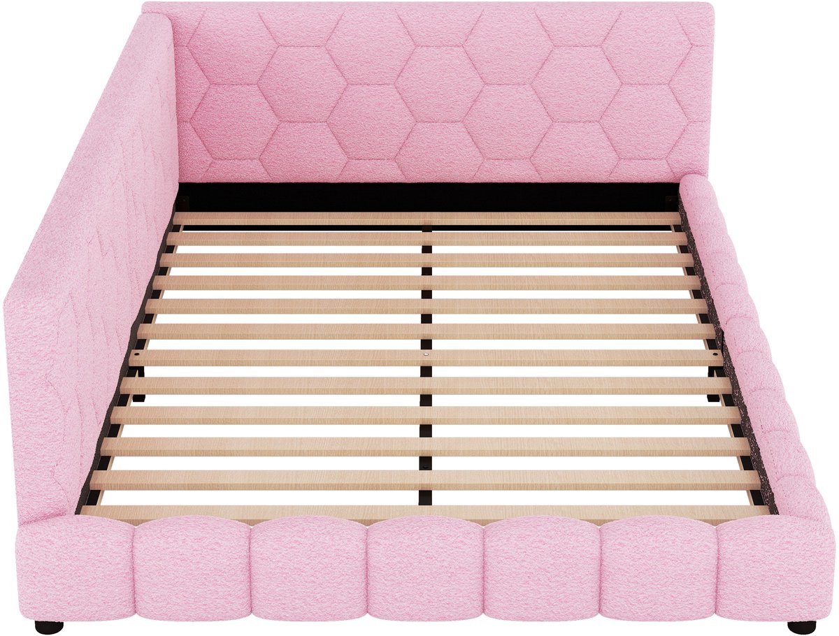 COVREO Bedbank 214x152 cm - roze stof en MDF, lattenbodem, USB en 16-kleuren verlichting