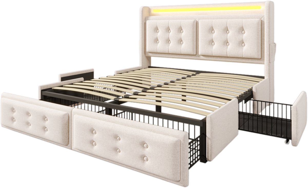 COVREO Bed 180x200 cm - beige, met LED en 4 laden, zonder matras