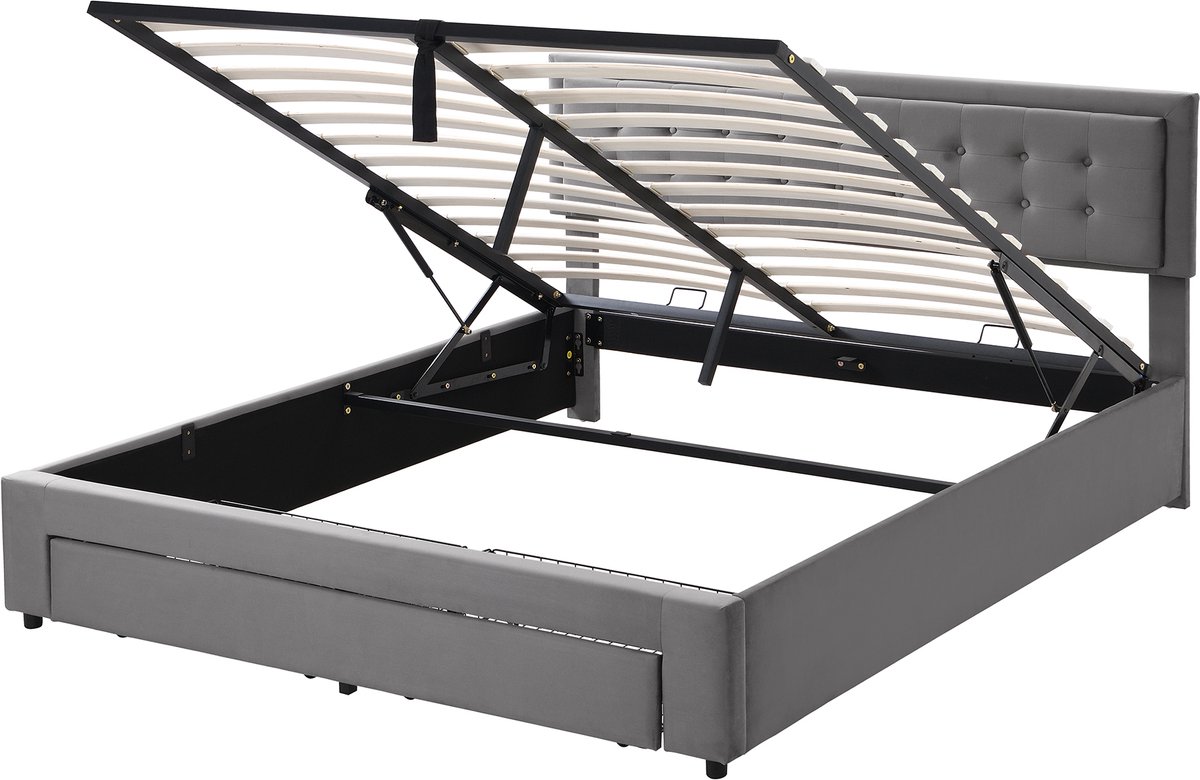 COVREO Bed 160x200 cm grijs, velvet stof met opbergruimte en lades