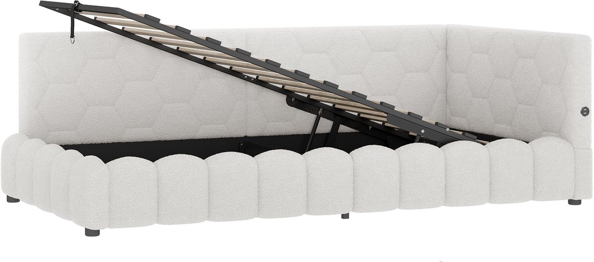 COVREO Daybett 90x200cm met LED-lichtleiste, hydraulische opbergruimte, USB en Type-C, zonder matras - Bedbank Wit