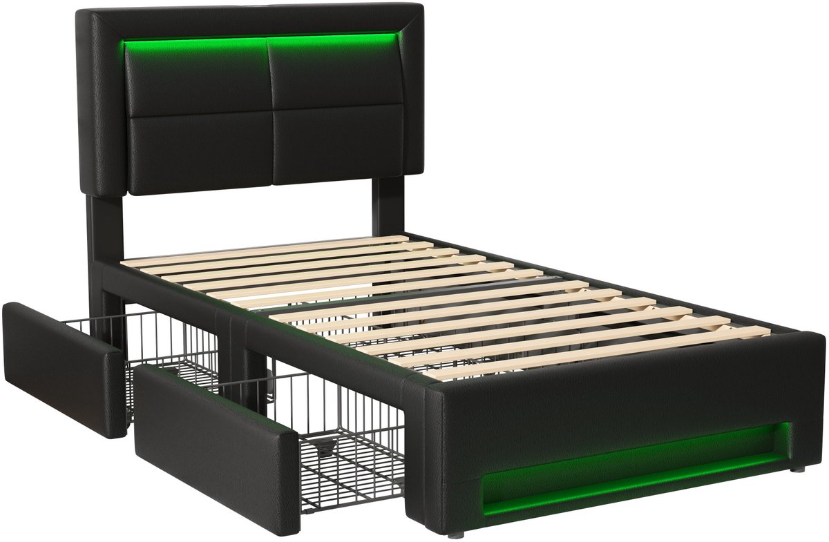 COVREO Bedframe 90x200 cm zwart kunstleer met LED, zonder matras