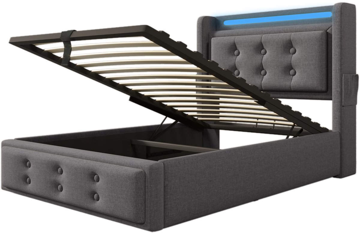 COVREO Bed 90x200 cm grijs, stof, LED, USB-C, opbergruimte, zonder matras