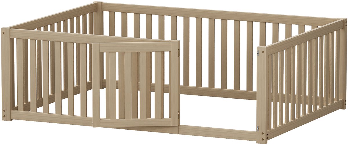 COVREO Kinderbed 140 x 200 cm - hout, natuurlijk, met omheining en deurtje