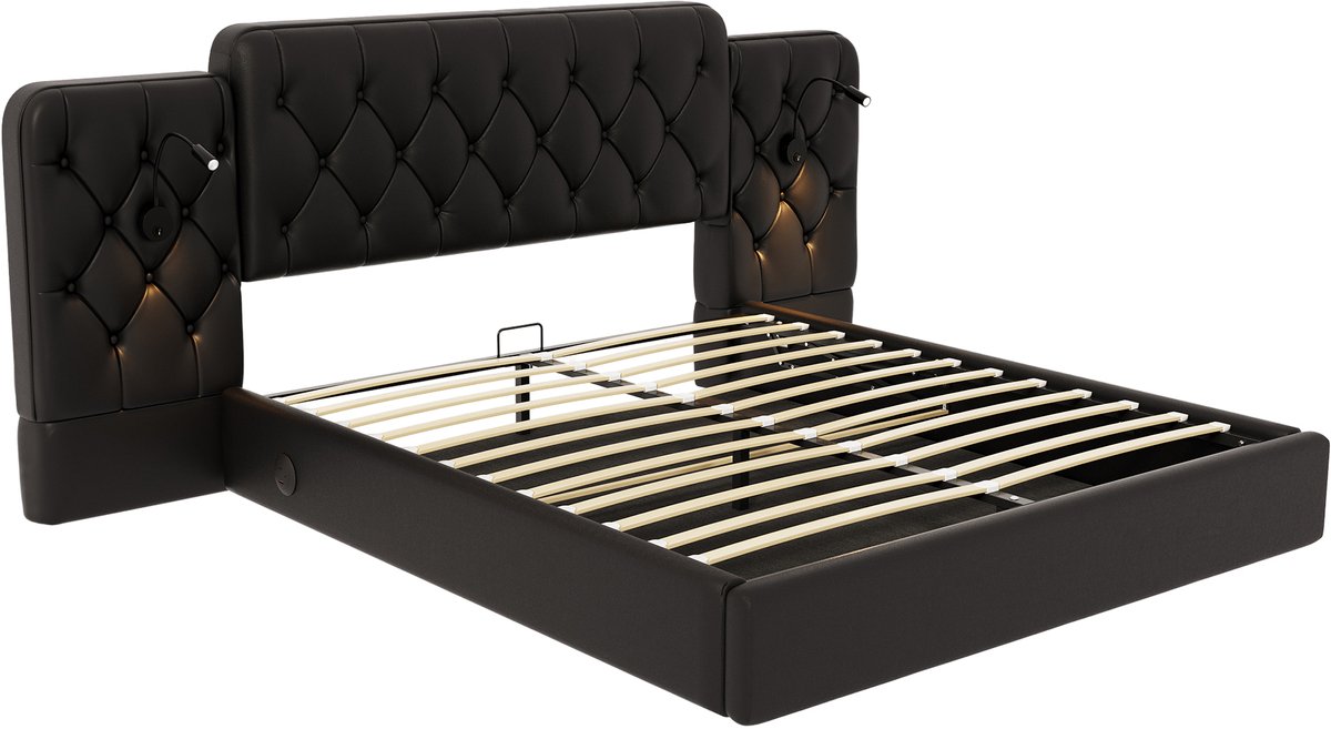COVREO Bedframe met USB en lampen – 247x208x105 cm – Tweepersoonsbed met opbergruimte – hydraulisch hefbed – Zwart - zonder matras