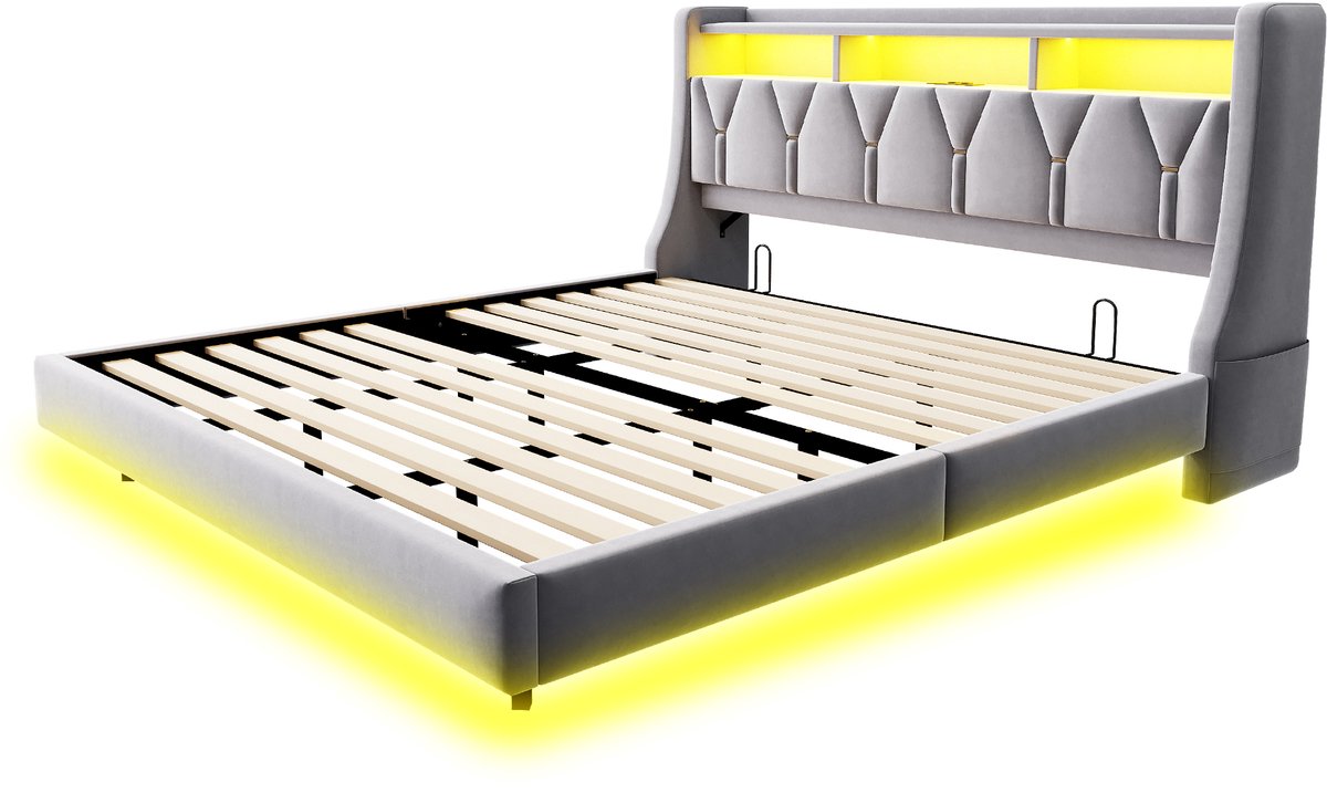 COVREO Bed met opberghoofdbord – 180x200 cm – Tweepersoonsbed met LED – slaapmeubel voor volwassenen – Lichtgrijs - zonder matras
