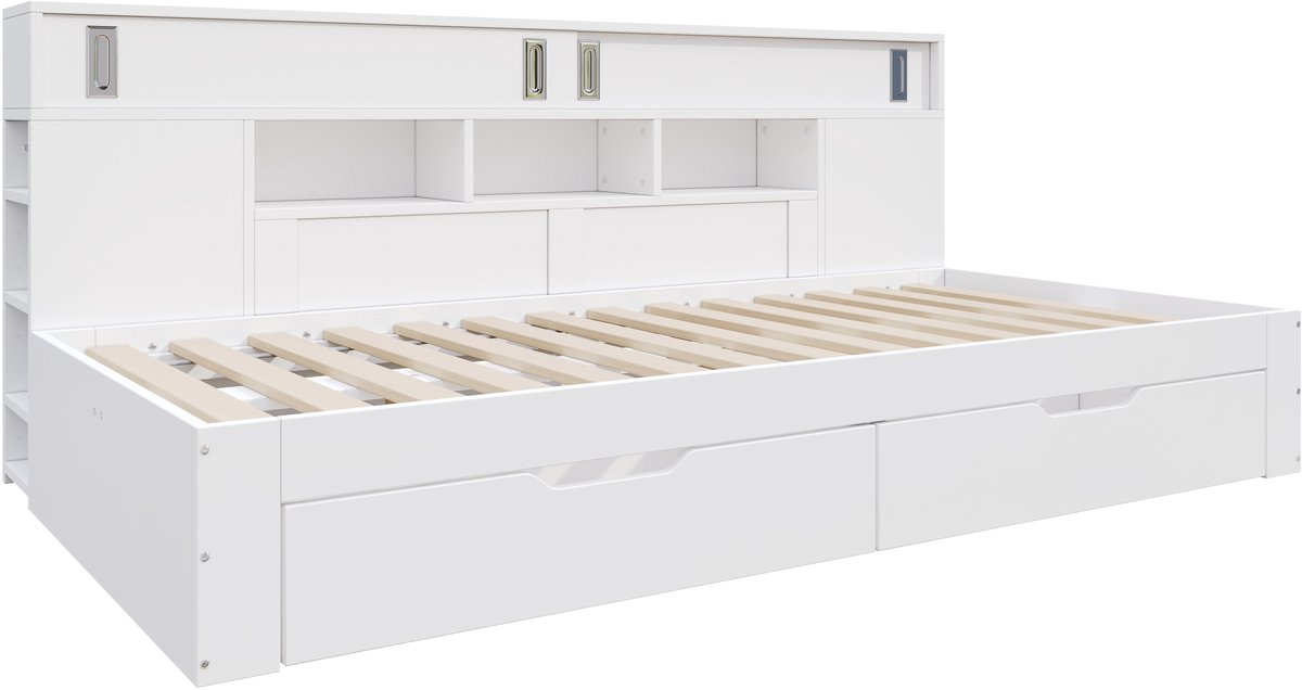 COVREO Kinderbed met 2 lades – 90x200 cm – Bedbank met boekenkast en opbergkast – Eenpersoonsbed van MDF – Wit - zonder matras