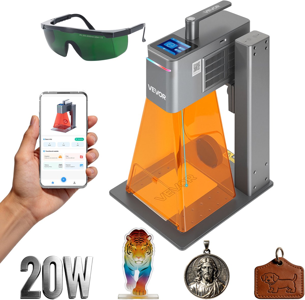 VEVOR 2-in-1 Dubbele Laser Graver, 10.000 mm/s Hoge Snelheid, Portabele 20W Blauwe en 2W IR Laser Graver Machine, 160 x 140 mm Graver Gebied, Handmatig & Automatisch Focus, DIY Graver Tool, voor Hout Acryl