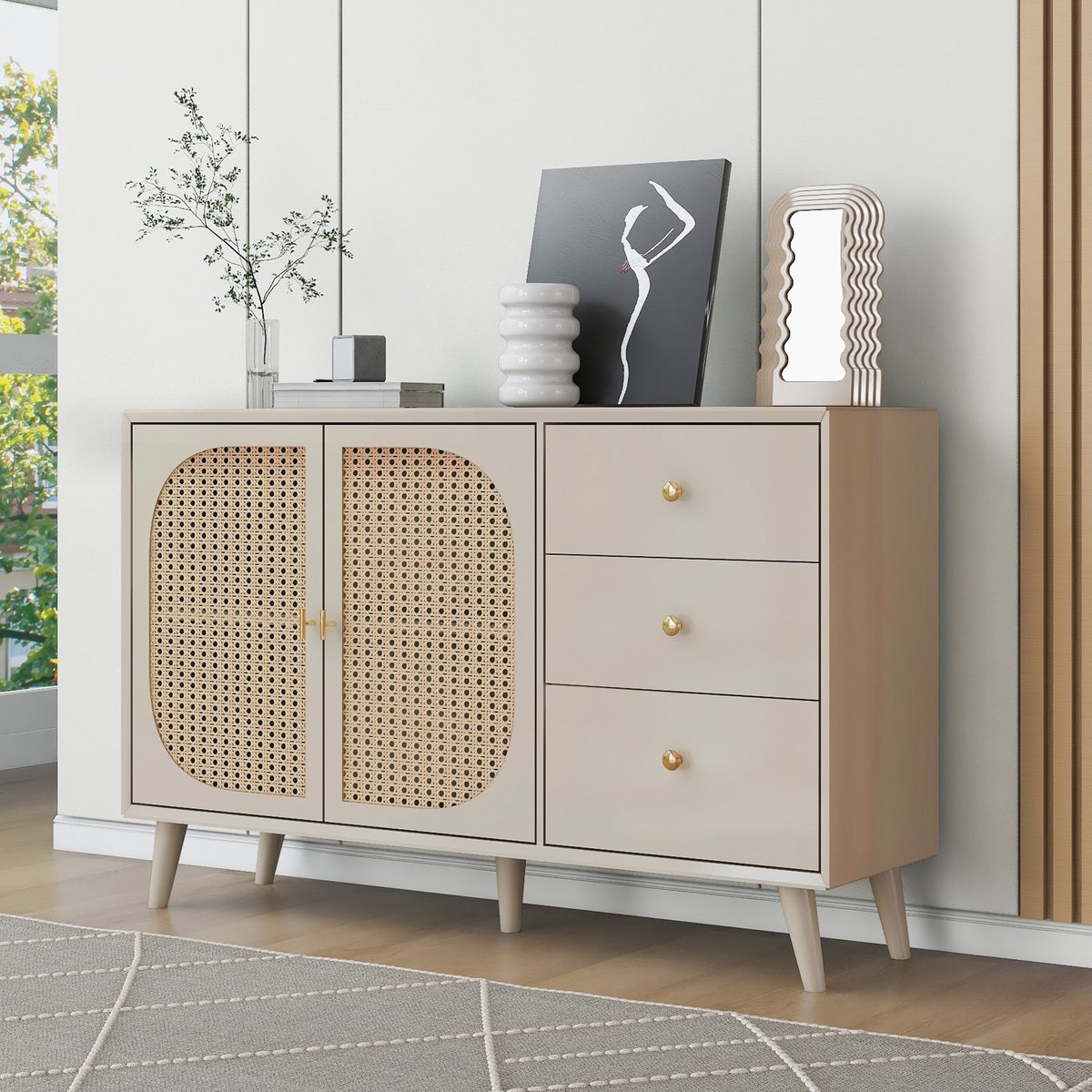 DESMIU Dressoir - Met 2 Deuren En 3 Laden Voor Veel Opbergruimte - Voor Woonkamer Eetkamer En Hal - Spaanplaat Offwhite - 120x40x82,5 Cm