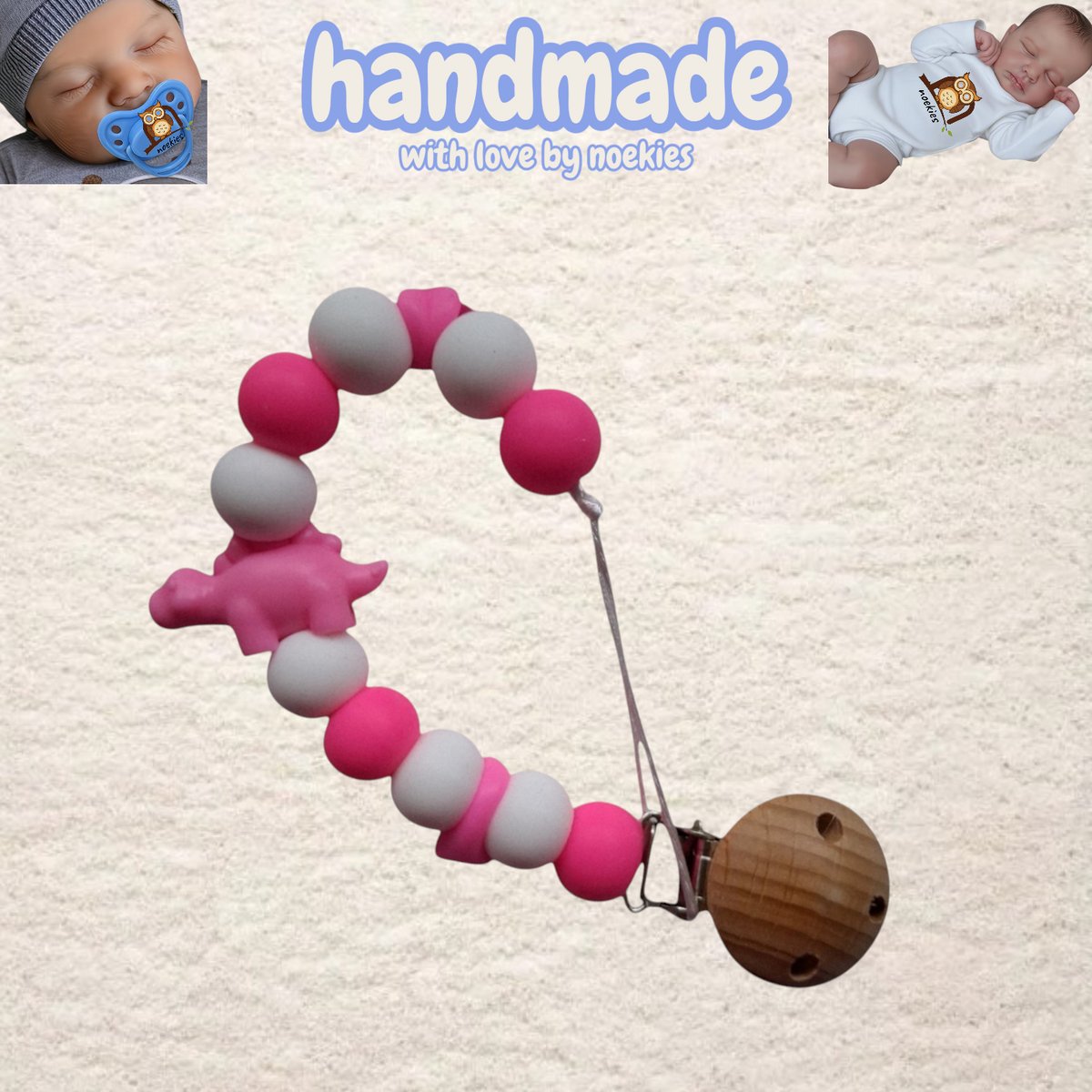 noekies Speenkoord dino stekel roze wit Kraamcadeau - Speenketting - Babycadeau - Babyshower nr 24