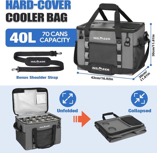 Koeltas 40 L - Koeltas opvouwbaar - Thermotas met opener - Isolatietas - Versterkte zijkanten/ 2 bekerhouders - picknick, camping en strand — afbeelding 3