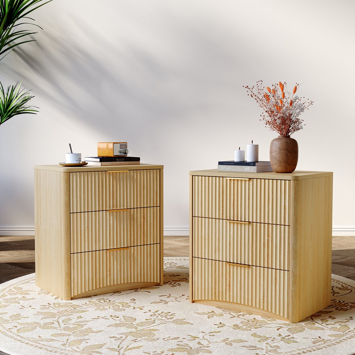 DESMIU Nachtkastje - Met 3 Laden En Geribbelde Fronten - Voor Slaapkamer Met Compacte Opbergruimte - MDF - 58x38x64 Cm - Eikenkleur