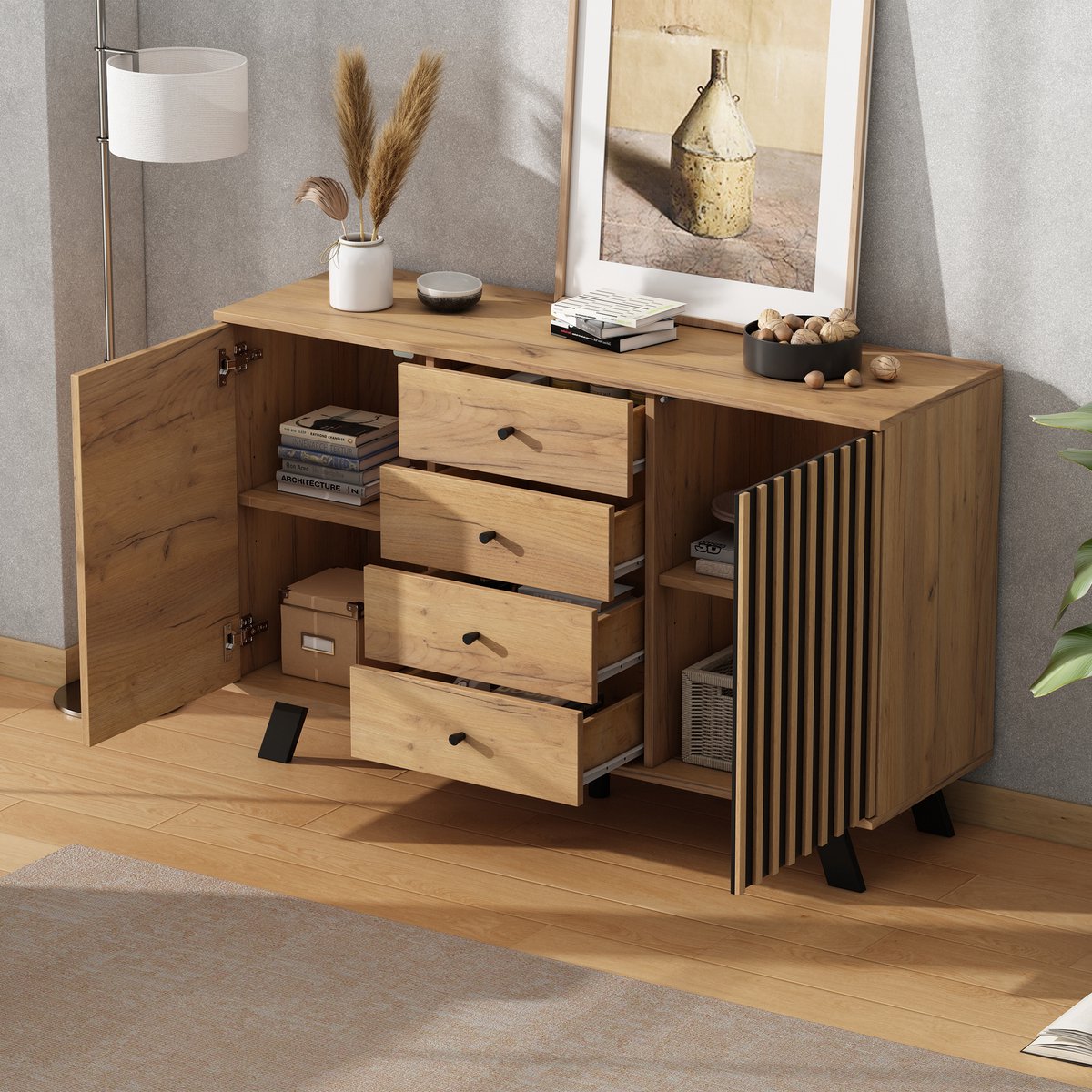 DESMIU Dressoir - Met 4 Laden En 2 Kasten - Voor Woonkamer En Eetkamer - MDF En Massief Houten Poten - 120x38x75 Cm - Zwart Naturel Houtkleur
