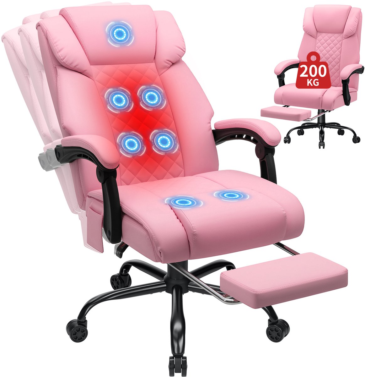 HOFFFREE Ergonomische Massage Bureaustoel – Kantoorstoel met Verwarming, 7 Massagepunten, Uitschuifbare Voetsteun, Verstelbare Rugleuning 90°–135° en Draagkracht tot 200 kg