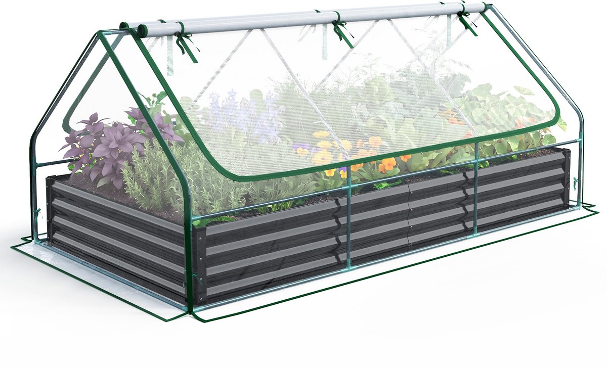 Quictent Verhoogde Kweekbak met Broeikas 240x120x30 cm – Moestuinbak van Verzinkt Staal met Afdekking en 2 Ritsramen