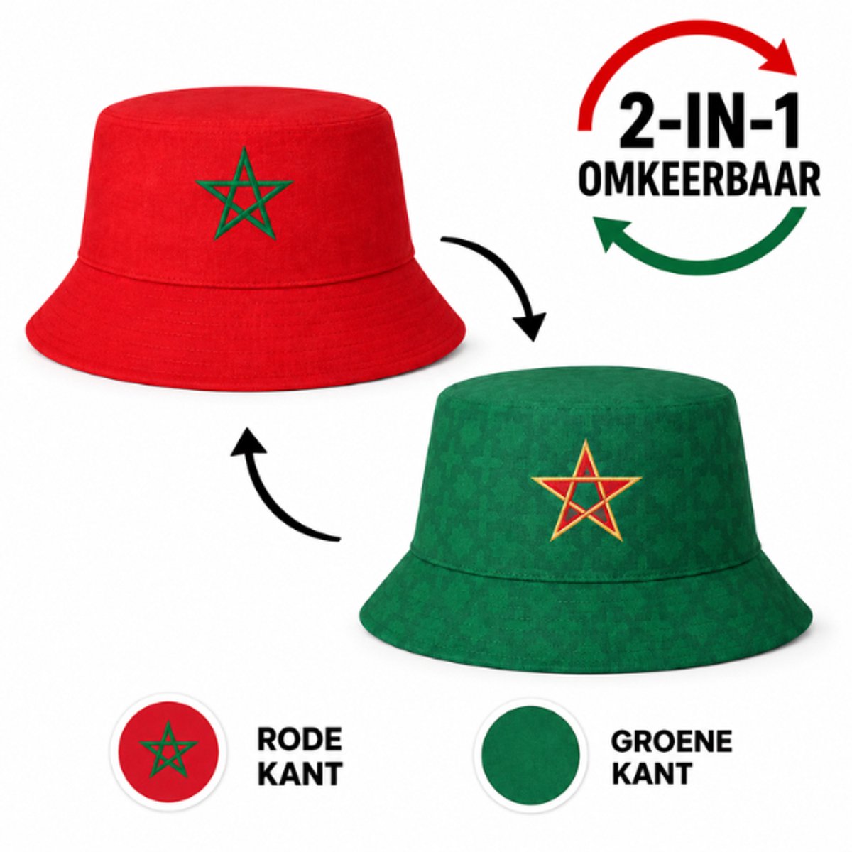 Marokkaanse Bucket Hat – Omkeerbaar Supportershoedje Marokko – Rood Groen met Ster – WK, EK, Voetbal, Festival & Evenementen