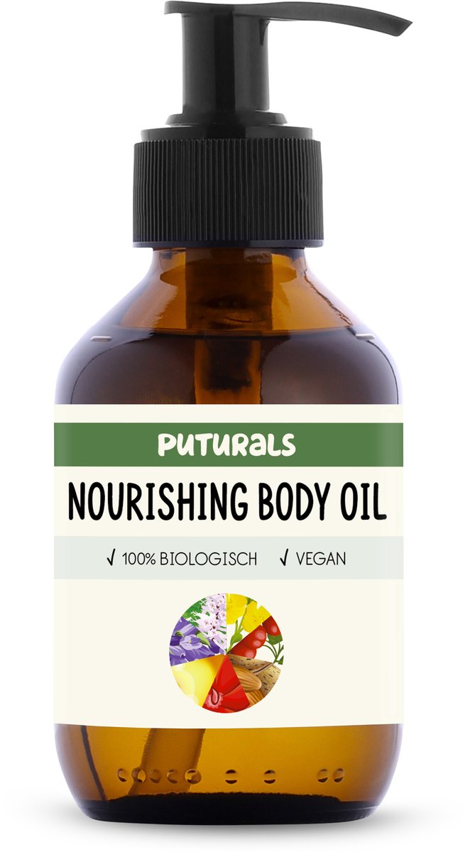 Puturals Body Oil 100% Natuurlijk - Nourishing Body Oil - 150ml - Blend van o.a. Lavendel Olie, Amandelolie, Vitamine E Olie en Rozenbottelolie - Geschikt als Body Oil, Lichaamsolie Olie en Massage Olie - Buine Glazen Fles + Pomp