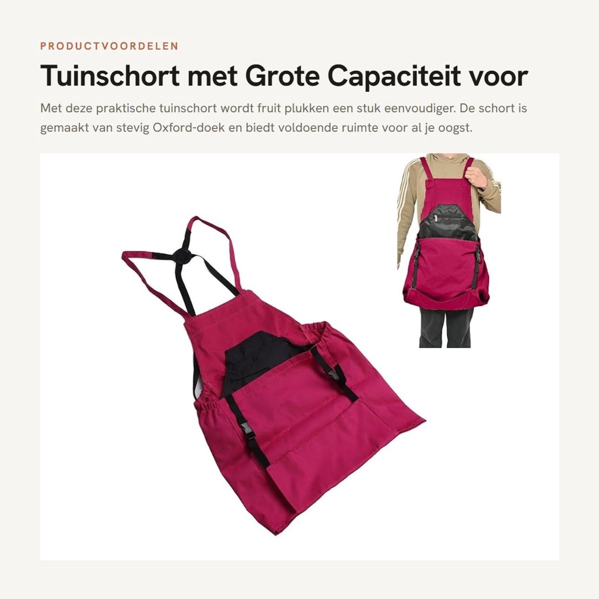 Dailygoods- Tuinschort grote capaciteit - Oogstschort - Fruitplukschort - Oxford-doek - Lichtgewicht - Comfortabele draagervaring - Oogsttas