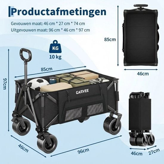 Hutjemutje - Inklapbare Bolderkar - Opvouwbare strandkar - 200kg Draagvermogen - 600D Oxford Stof & Stalen Frame - Verstelbare Duwhendel - 96 x 46 x 97 cm — afbeelding 4