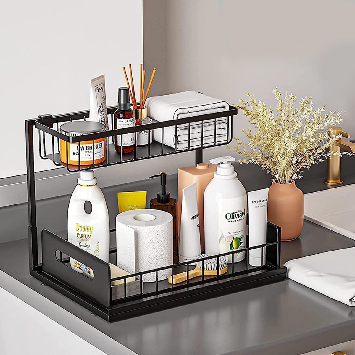 Jensaro Uitschuifbaar Opbergrek 2 Laags - Onder Gootsteen Organiser voor Keukenkast of Badkamerkast - Kruidenrek - Zwart — cadeau in Cadeau-ideeën - foto 3