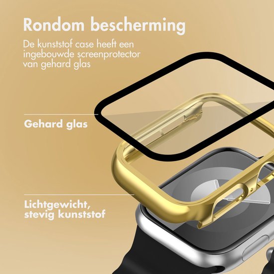 Gouden Apple Watch hoesje met gehard glas screenprotector en stevig
kunststof.