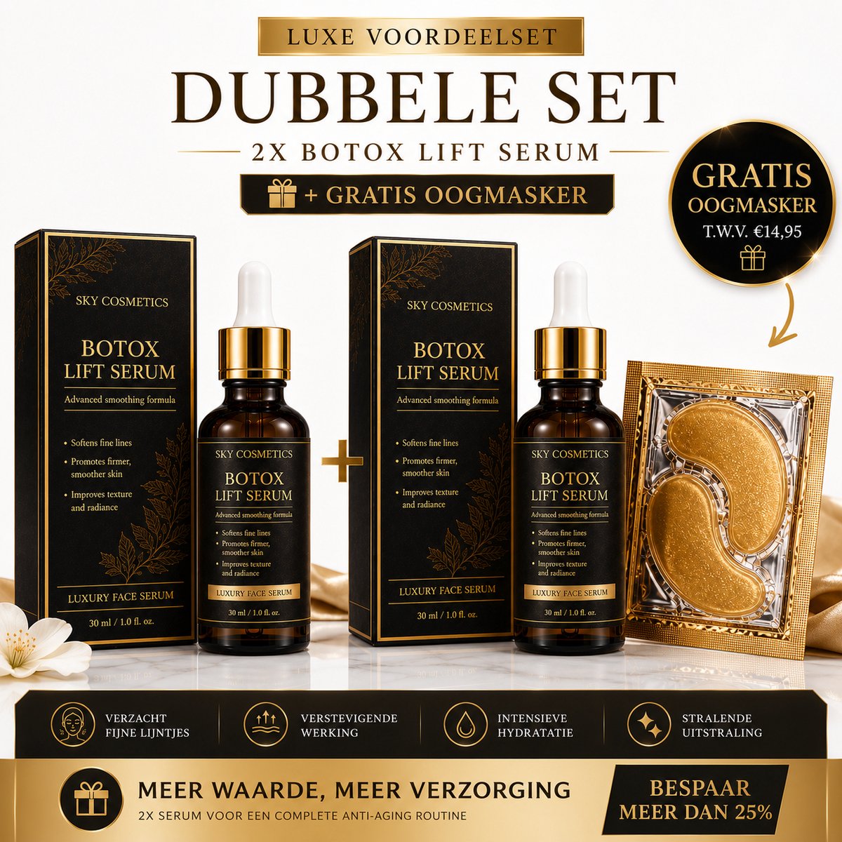 Lifting Serum Anti-Rimpel & Anti-Age botox– Collageen & Ginseng Gezichtsserum – Verstevigend en Hydraterend – Voordeelset 1+1 (2x 30 ml) – Sky Cosmetics
