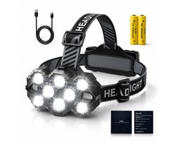 BOTC Hoofdlamp USB Oplaadbaar en waterdicht - Batterij 2*1200mAh - Hoofdlampje - Hoofd Zaklamp- LED koplamp - Zwart