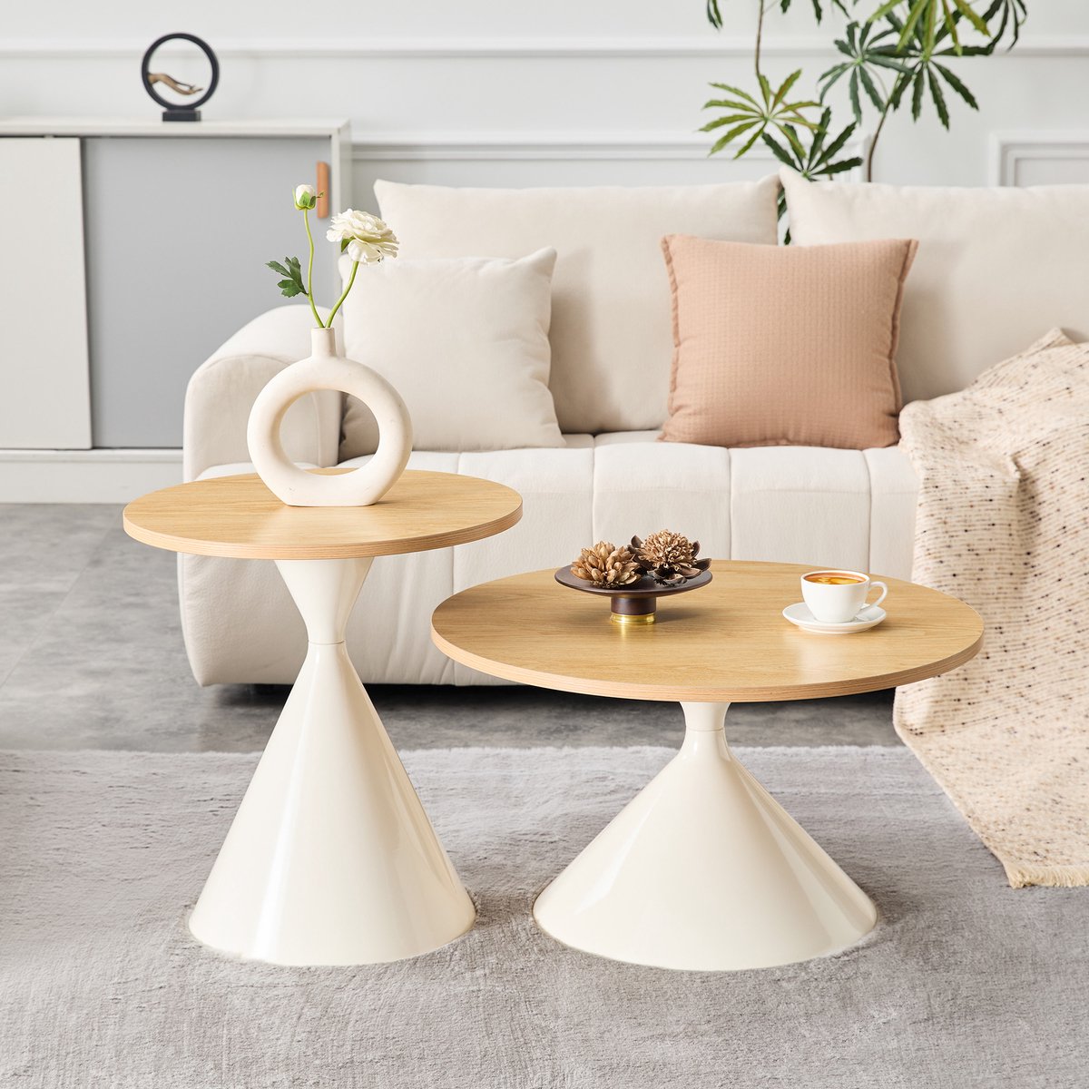 Sanduhr-serie 2-delig set salontafels met opvallende kegelvorm, melamine blad in houtlook + crèmekleurige metalen voet, ruimtebesparend stapelbaar, ideaal voor woonkamer, slaapkamer & kantoor.